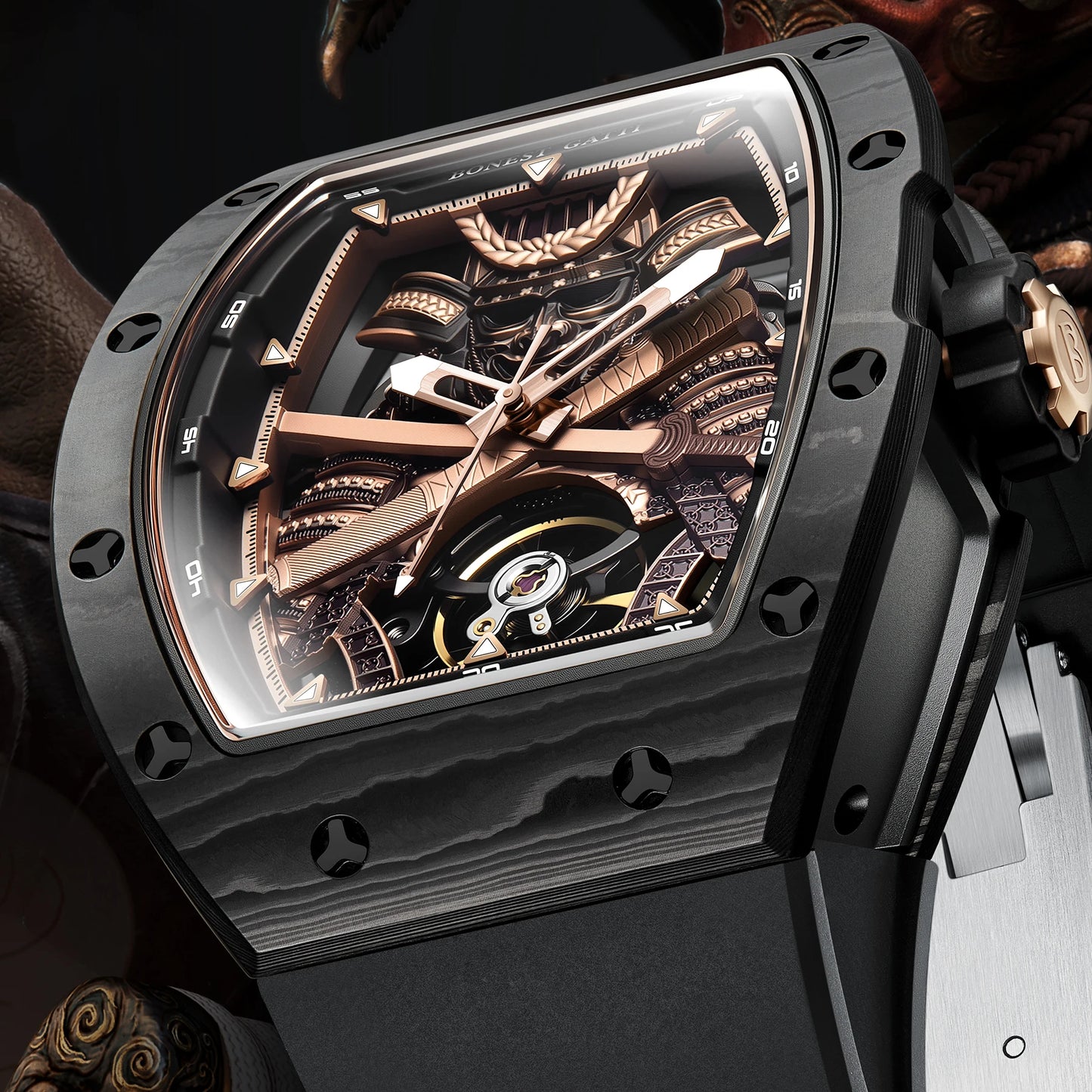 BONEST GATTI Men Automatic Watch 42*54mm Tonneau Carbon Fiber Mechanical Wristwatch Luminous Ninja Dial Sapphire Mirror
