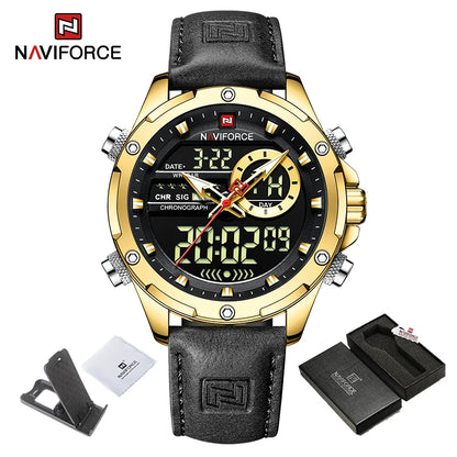 NAVIFORCE Classic Brand Man Genuine Leather Waterproof Wrist Watch Sports Casual Male Quartz Digital Military Chronograph Clocks