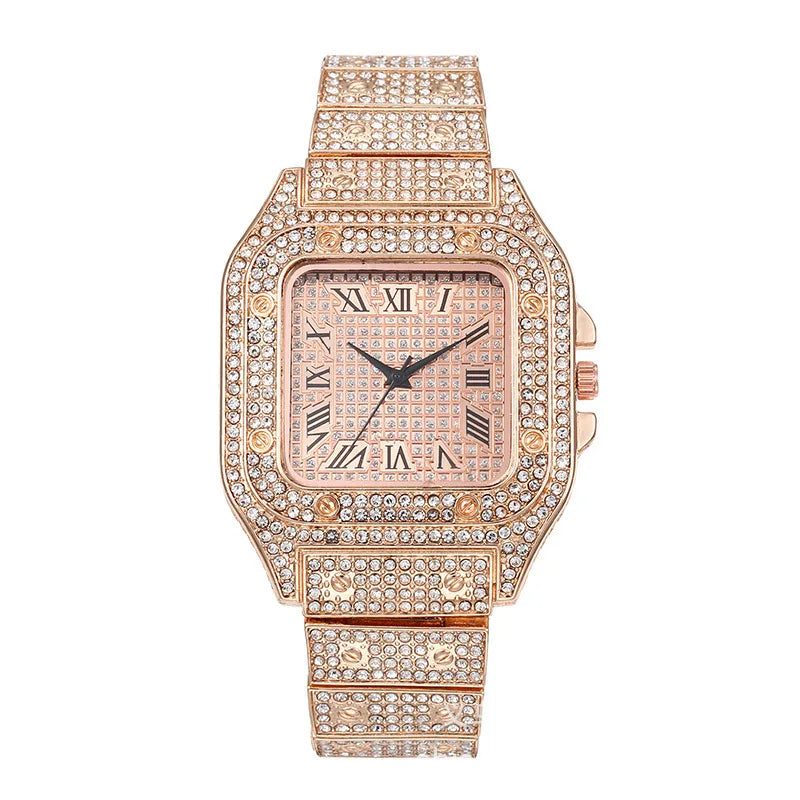 Brand Luxury Men's Watches Stylish Alloy Strap Hip Hop Diamond Gold Date Quartz Watch Montre Homme