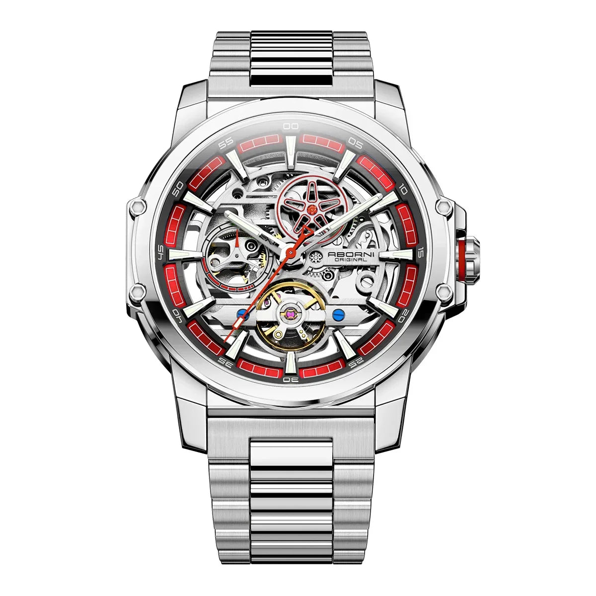 ABORNI 9039 Unique Design Skeleton Dial Tourbillon Men Watch Stainless Steel Waterproof Luxury Automatic Mechanical Men's Watch