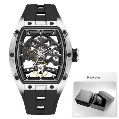 MEGIR Men Wristwatch Fashion Black Waterproof Automatic Mechanical Watch with Luminous Hands Silicone Strap Tonneau Dial 2242