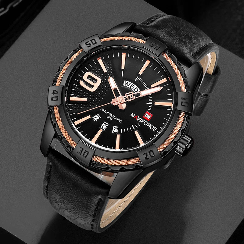 New NAVIFORCE Men's Watch Quartz Waterproof Shockproof Leather Band Wristwatch Fashionable Luxury Business Male Clock NF9117L