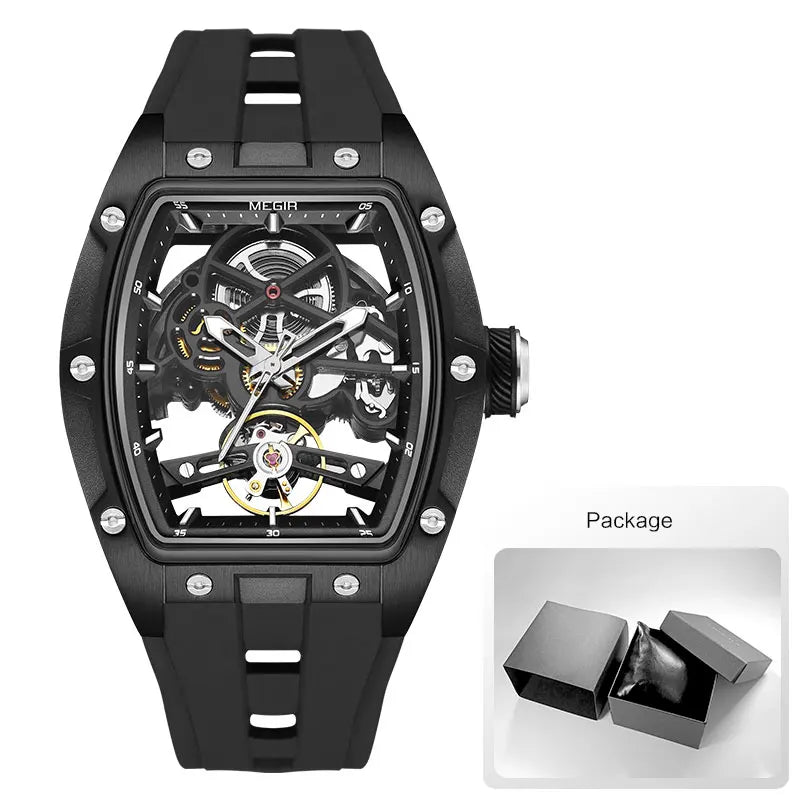 MEGIR Men Wristwatch Fashion Black Waterproof Automatic Mechanical Watch with Luminous Hands Silicone Strap Tonneau Dial 2242