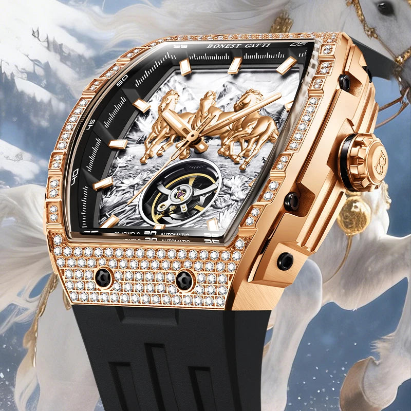 BONEST GATTI Mens German Automatic Mechanical Watch Waterproof Luminous Silicone Strap Business Fashion Men's Chronograph Watch