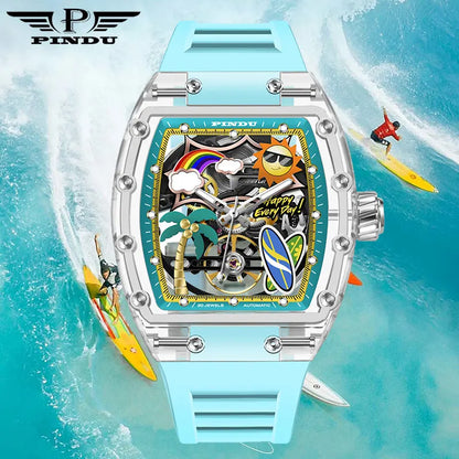 PINDU Watch Unique Dial Design Style Men Mechanical Watch Summer Beach Fashion Watch Glowing Waterproof Resin Automatic Watches