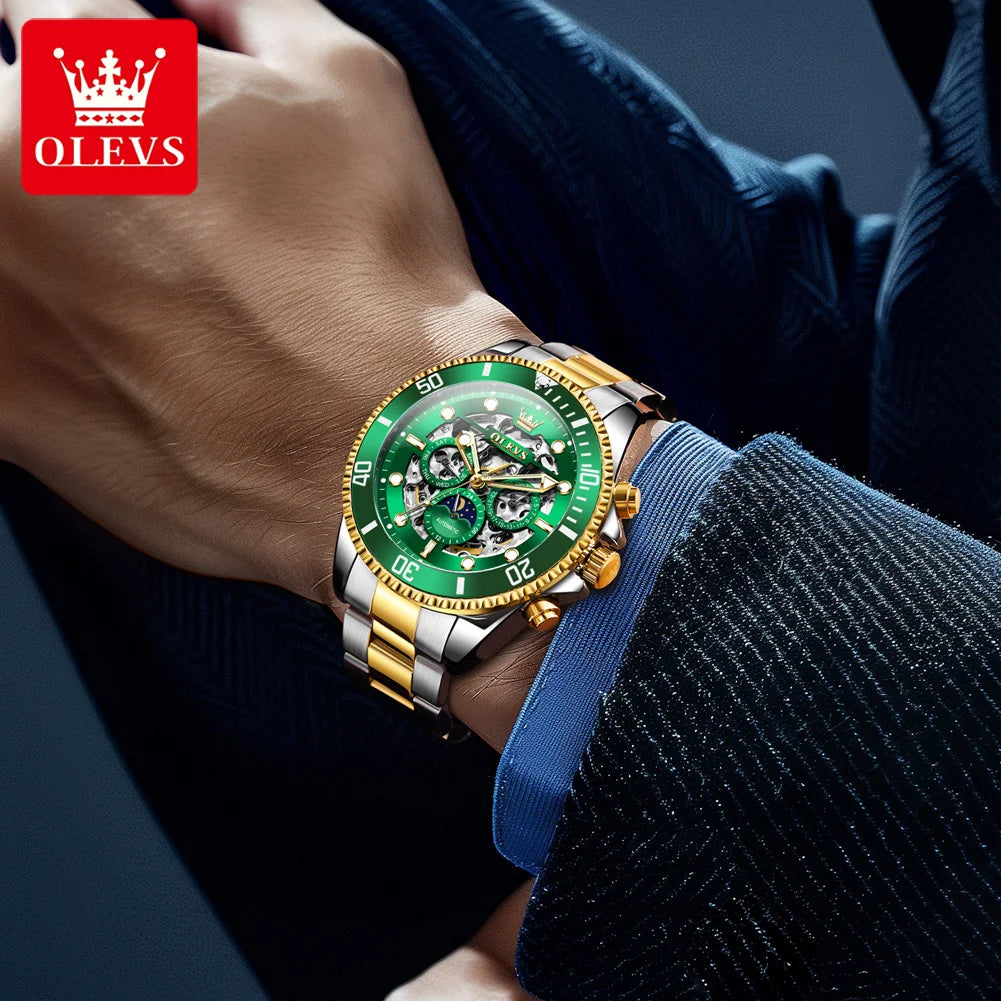 OLEVS 6715 Men's Watch Hollow Date Automatic Mechanical Watch For Men 43mm Big Dial Moon Phase Fashion Waterproof Man Wristwatch