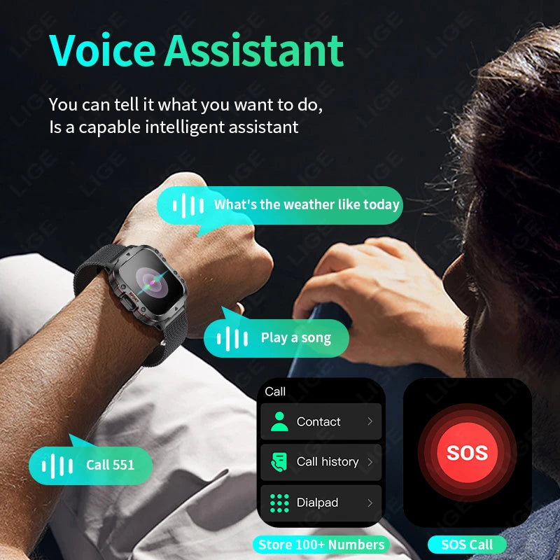 Men's Smartwatch Military Outdoor Sports Health Monitoring Bluetooth Call Voice Assistant Waterproof For Android IOS Smart Watch