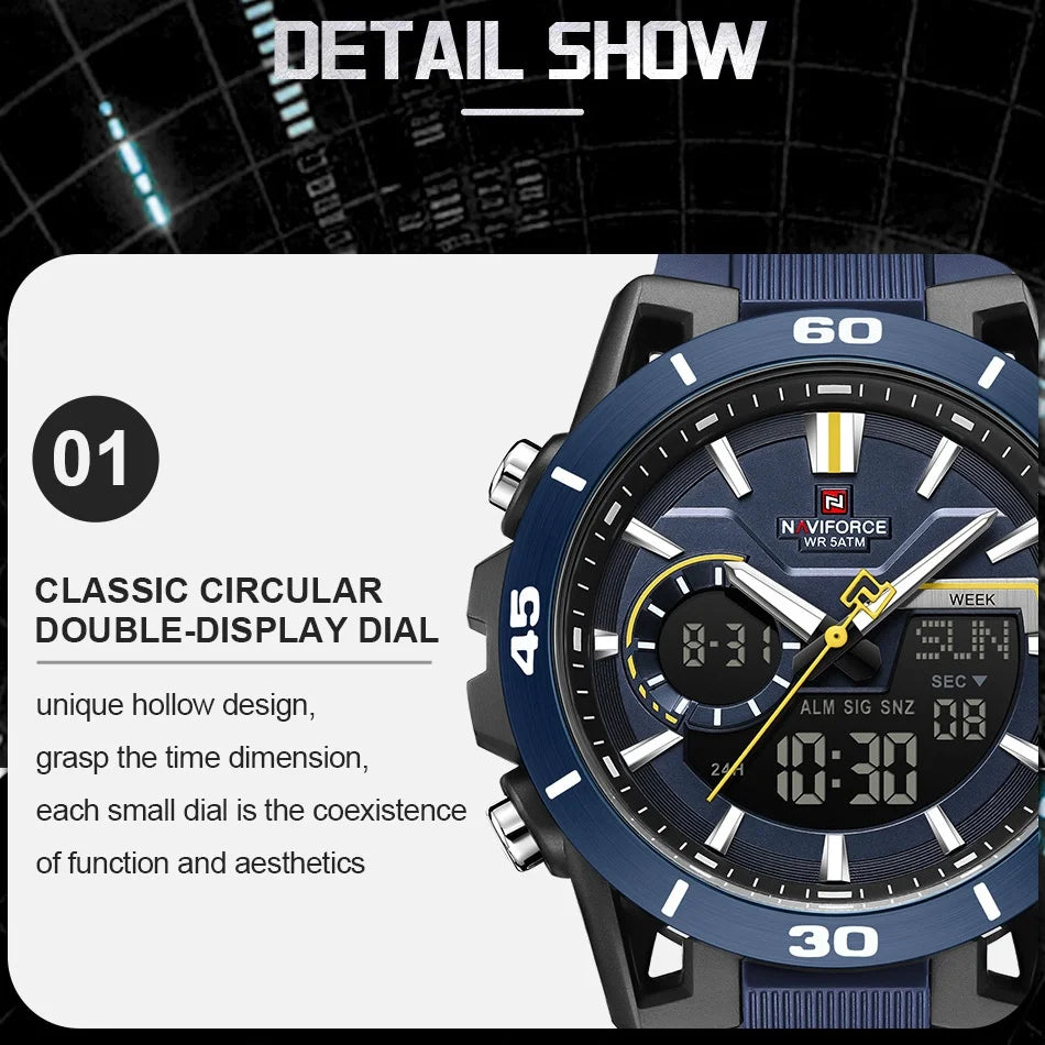 NAVIFORCE Men's 5ATM Waterproof Dual Time Watch Fashion Sport Countdown Alarm Chronograph Wristwatch Man chronograph Alarm Clock