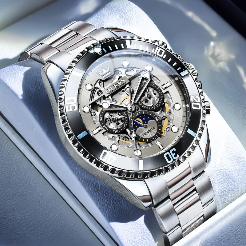 OLEVS 6715 Men's Watch Hollow Date Automatic Mechanical Watch For Men 43mm Big Dial Moon Phase Fashion Waterproof Man Wristwatch