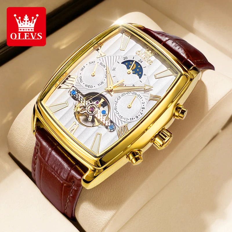 OLEVS 6675 Original Automatic Men's Watches Luxury Brand Square Dial Moon Phase Hollowed Flywheel Mechanical Wristwatch for Man