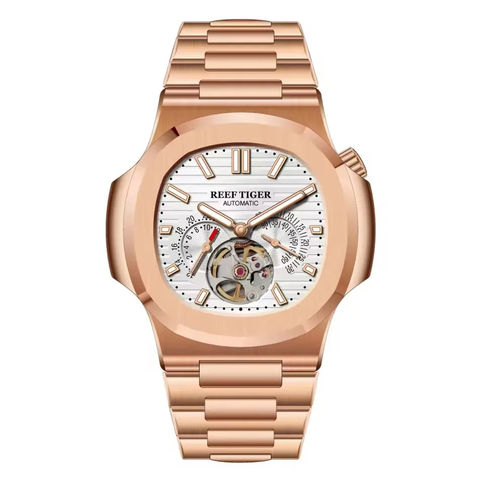 Reef Tiger Men Automatic Watch Luxury 44mm Square Mechanical Wristwatch Sapphire Luminous Skeleton Dial Date 24 Hours