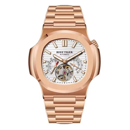 Reef Tiger Men Automatic Watch Luxury 44mm Square Mechanical Wristwatch Sapphire Luminous Skeleton Dial Date 24 Hours