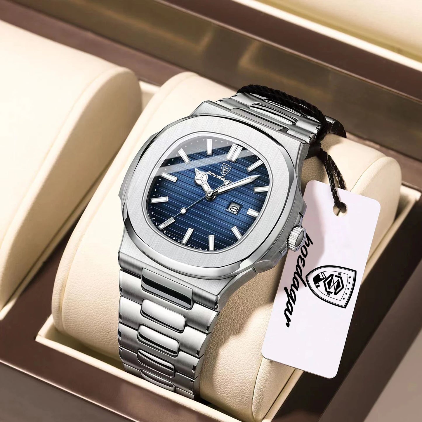POEDAGAR Square Luxury Men Wristwatch Waterproof Luminous Date Stainless Steel Male Clock Business Sports Quartz Watches For Me