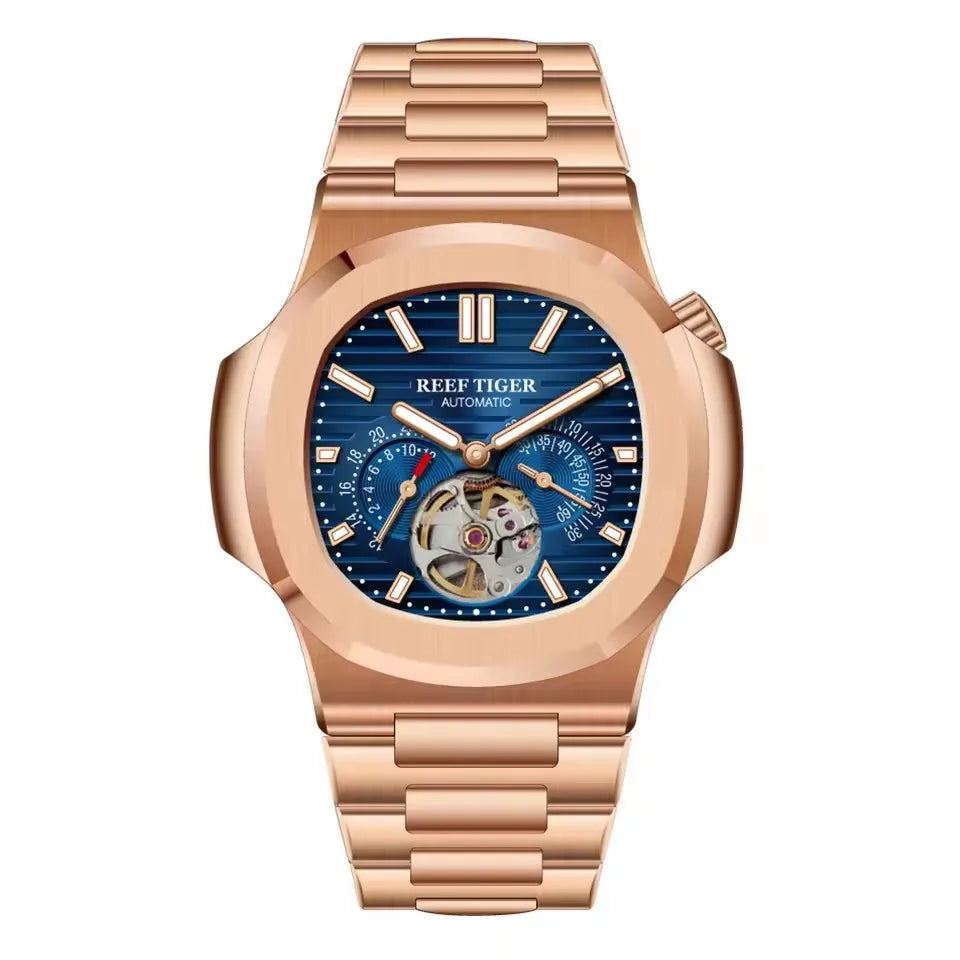 Reef Tiger Men Automatic Watch Luxury 44mm Square Mechanical Wristwatch Sapphire Luminous Skeleton Dial Date 24 Hours