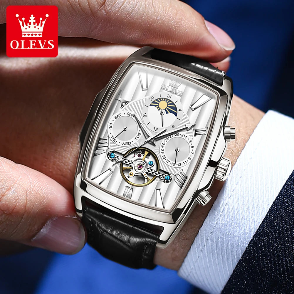 OLEVS 6675 Original Automatic Men's Watches Luxury Brand Square Dial Moon Phase Hollowed Flywheel Mechanical Wristwatch for Man