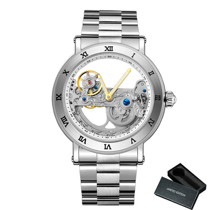 Forsining Luxury Skeleton Automatic Mechanical Watch for Men Golden Bridge Dial Steel Leather Strap Business Mens Watches Gifts