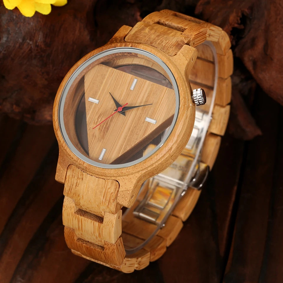 Bobo Bird Geometric  Watches Superb Inverted Triangle Bamboo Wooden Band Clock Male Full Wooden Quartz Wristwatches