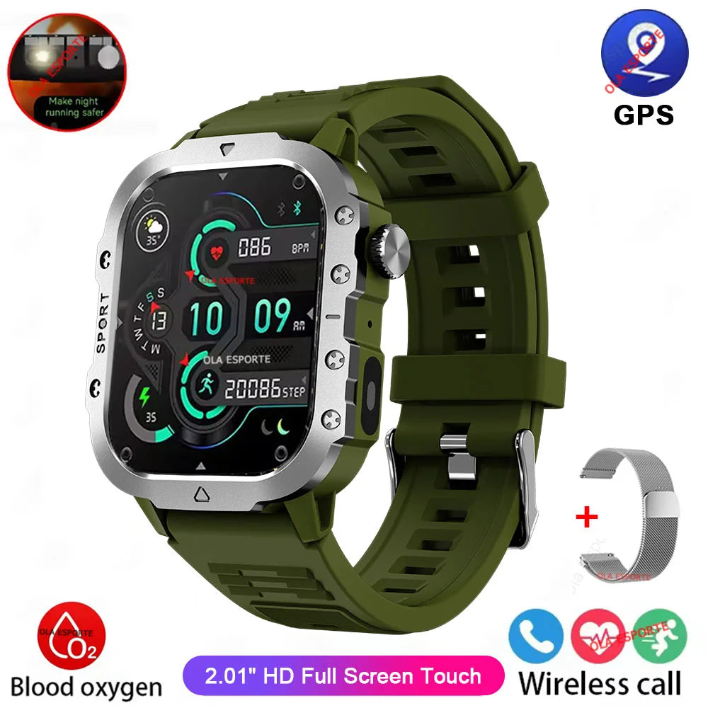 2026 Military Outdoor Smart Watch Men's GPS Flashlight Bluetooth Call 2.01" AMOLED Screen 3ATM Waterproof Sports Smartwatch Hw12