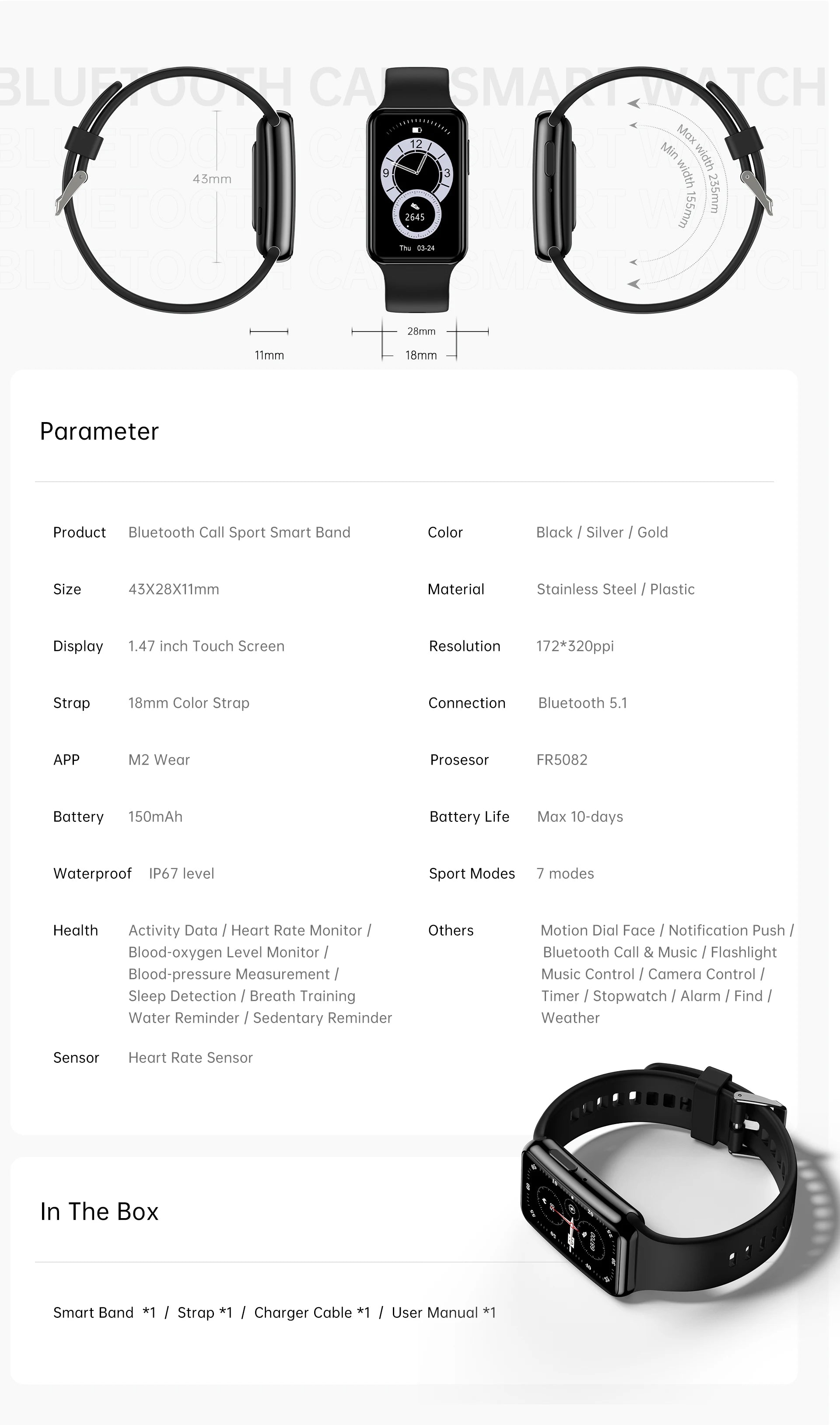 1.47 Inch BT Call Smart Band Heart Rate Monitor Blood Pressure Fitness Sport Smart Watch Bracelet