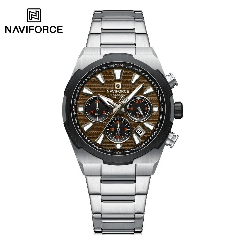 NAVIFORCE Men's Quartz Watch Multifunctional Calendar Stopwatch Luminous 30ATM Waterproof Stainless Steel Band Wristwatch