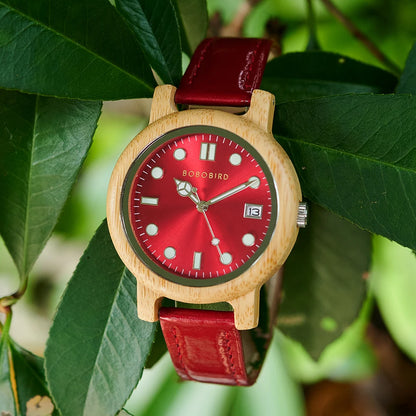 BOBO BIRD Bamboo Ladies Wristwatch for Women with Genuine Leather Strap Natural Lightweight Elegant Fashion Gift Watch for Her