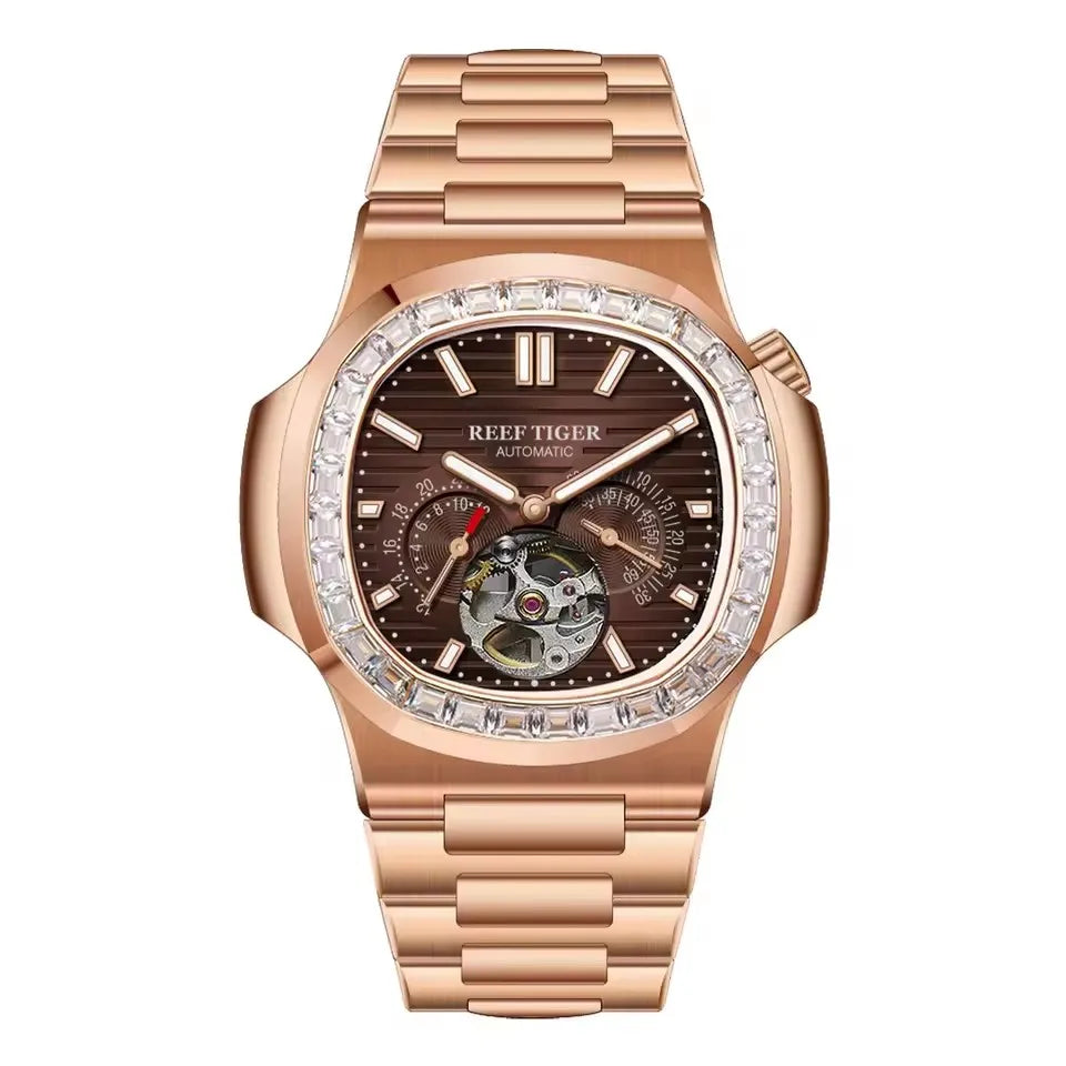 Reef Tiger Men Automatic Watch Luxury 44mm Square Mechanical Wristwatch Sapphire Luminous Skeleton Dial Date 24 Hours