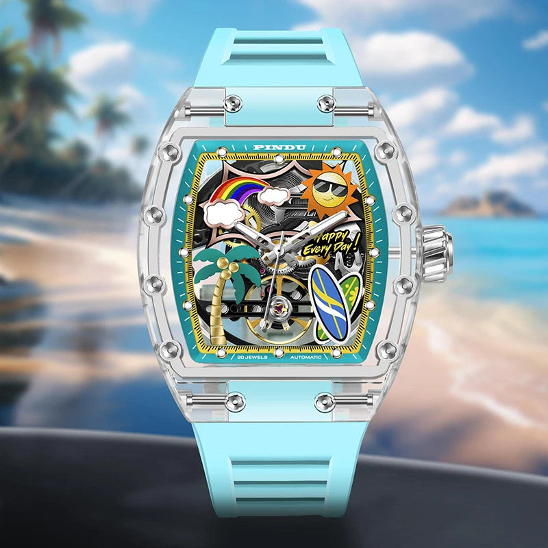PINDU Watch Unique Dial Design Style Men Mechanical Watch Summer Beach Fashion Watch Glowing Waterproof Resin Automatic Watches
