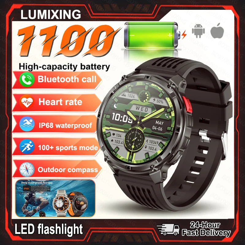 2026 New 1100mAh Ultra Durable Smart Watch Men Outdoor Military GPS Compass 10ATM Waterproof HD Bluetooth Call Sports Smartwatch