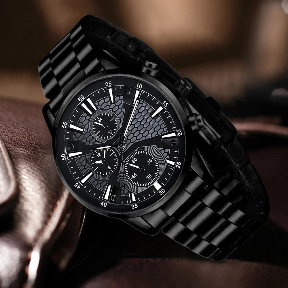2/4PCS Black Men's Watch Set Business Trend Fashion Quartz Watch Jewelry Set Suitable for Daily Clothing Matching Perfect