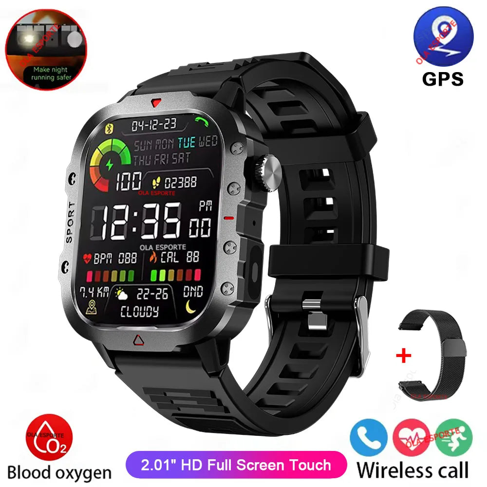 2026 Military Outdoor Smart Watch Men's GPS Flashlight Bluetooth Call 2.01" AMOLED Screen 3ATM Waterproof Sports Smartwatch Hw12