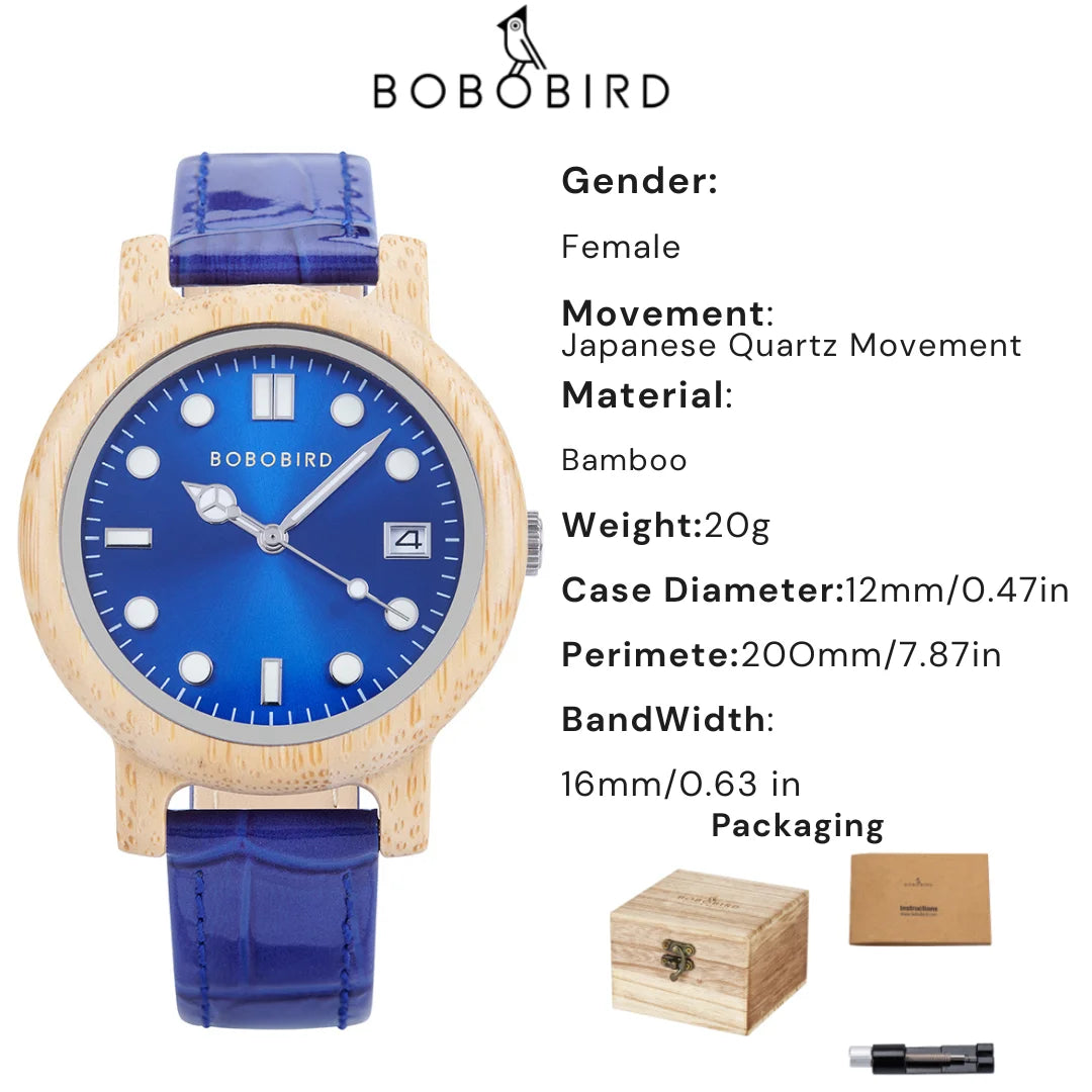 BOBO BIRD Bamboo Ladies Wristwatch for Women with Genuine Leather Strap Natural Lightweight Elegant Fashion Gift Watch for Her