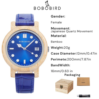 BOBO BIRD Bamboo Ladies Wristwatch for Women with Genuine Leather Strap Natural Lightweight Elegant Fashion Gift Watch for Her