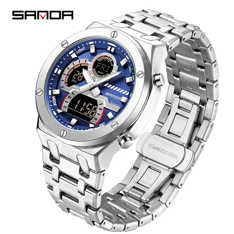 SANDA Fashion Men's Quartz Watch Multifunction Chronograph LED Display Wristwatch Waterproof Stainless Steel Men's Digital Clock