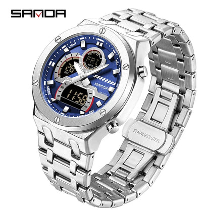 SANDA Fashion Men's Quartz Watch Multifunction Chronograph LED Display Wristwatch Waterproof Stainless Steel Men's Digital Clock
