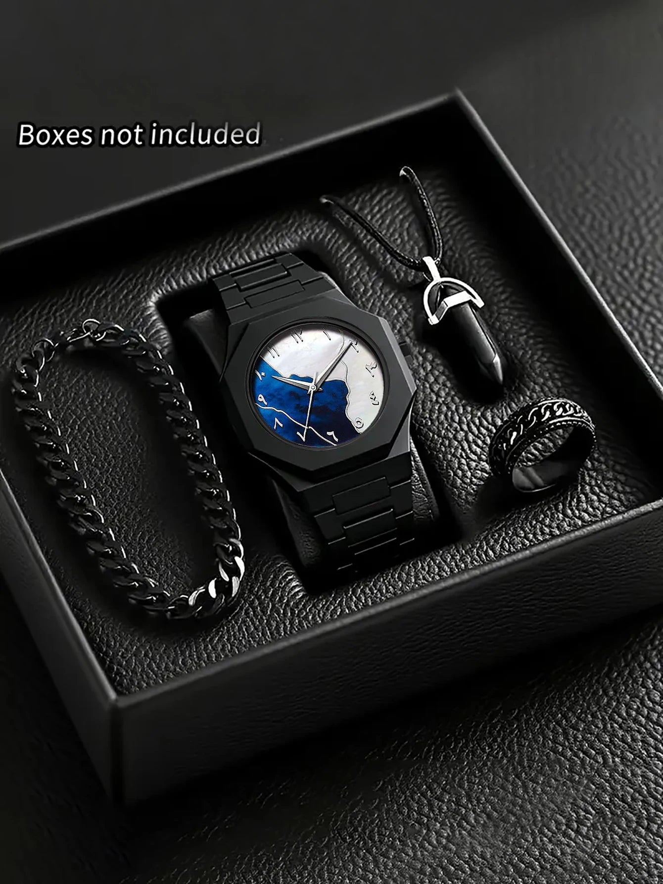 Men's Quartz Watch Bracelet Necklace Ring Set Plastic Strap Suitable for Daily Wear Festival Gifts Box Not Included