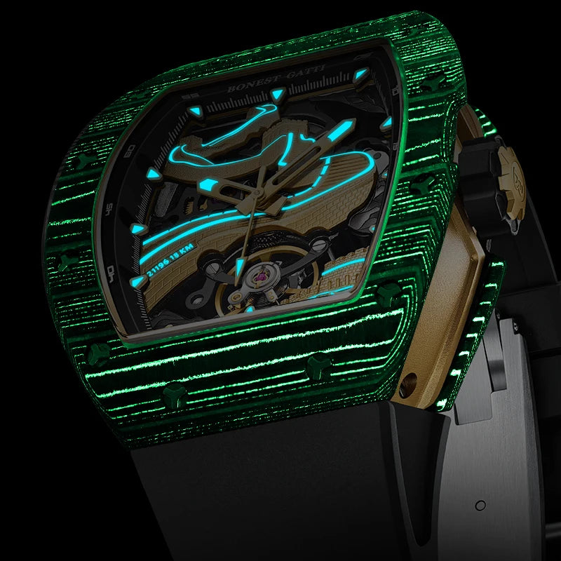 BONEST GATTI Men Automatic Watch 51mm Tonneau Mechanical Wristwatch Carbon Fiber Sapphire Mirror Luminous Great Wall Dial