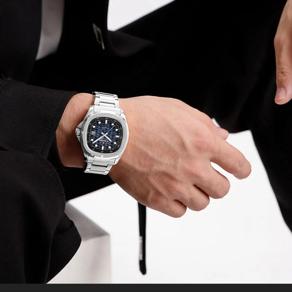 NAVIFORCE Fashion Men's Business Quartz Watch Stainless Steel Luminous Calendar Clock Male Square Dial Sports Wristwatch