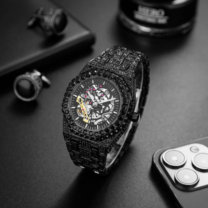 Automatic Watch For Men Luxury Full Green Ice Out Business Tourbillon Watches Bling Diamond Gold Male Mechanical Wristwatch