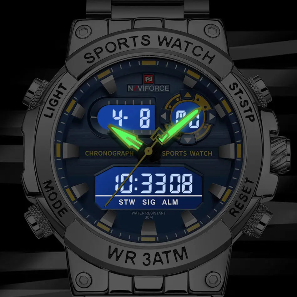 NAVIFORCE Mens Watch Dual Display Sport 30M Water Resistant Digital Chronograph Clock Army Military Style Male Wristwatch NF9237