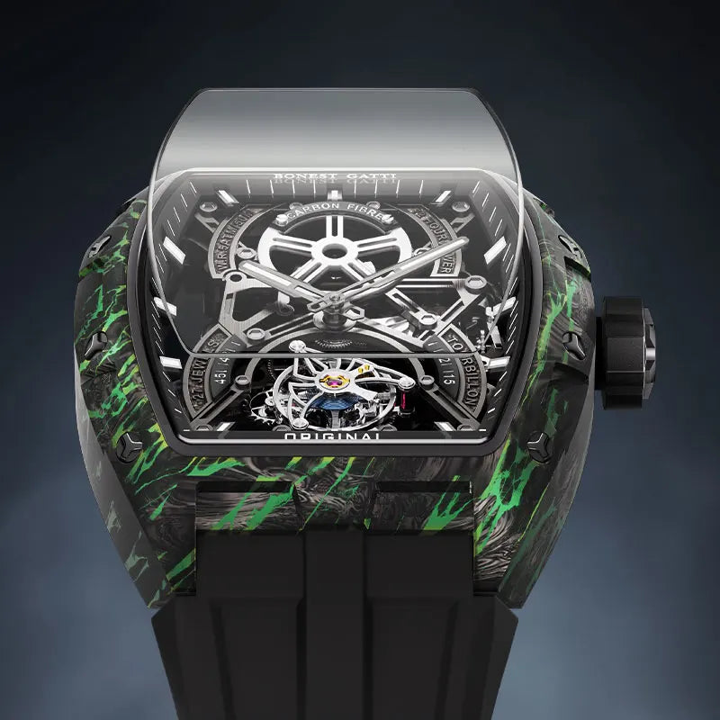 BONEST GATTI 2025 New Luxury Men Automatic Mechanical Tourbillon Skeleton Carbon Fiber Luminous Barrel Case Wristwatch