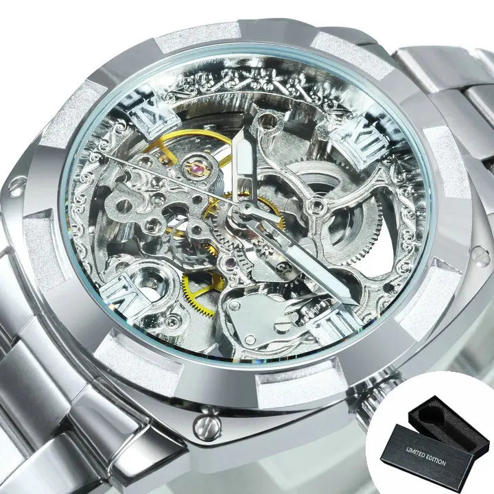 Forsining Gold Mens Watches Top Brand Luxury Skeleton Automatic Mechanical Watch for Men Stainless Steel Band Fashion Wristwatch