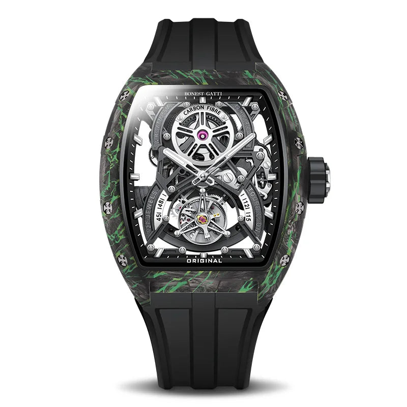 BONEST GATTI 2025 New Luxury Men Automatic Mechanical Tourbillon Skeleton Carbon Fiber Luminous Barrel Case Wristwatch
