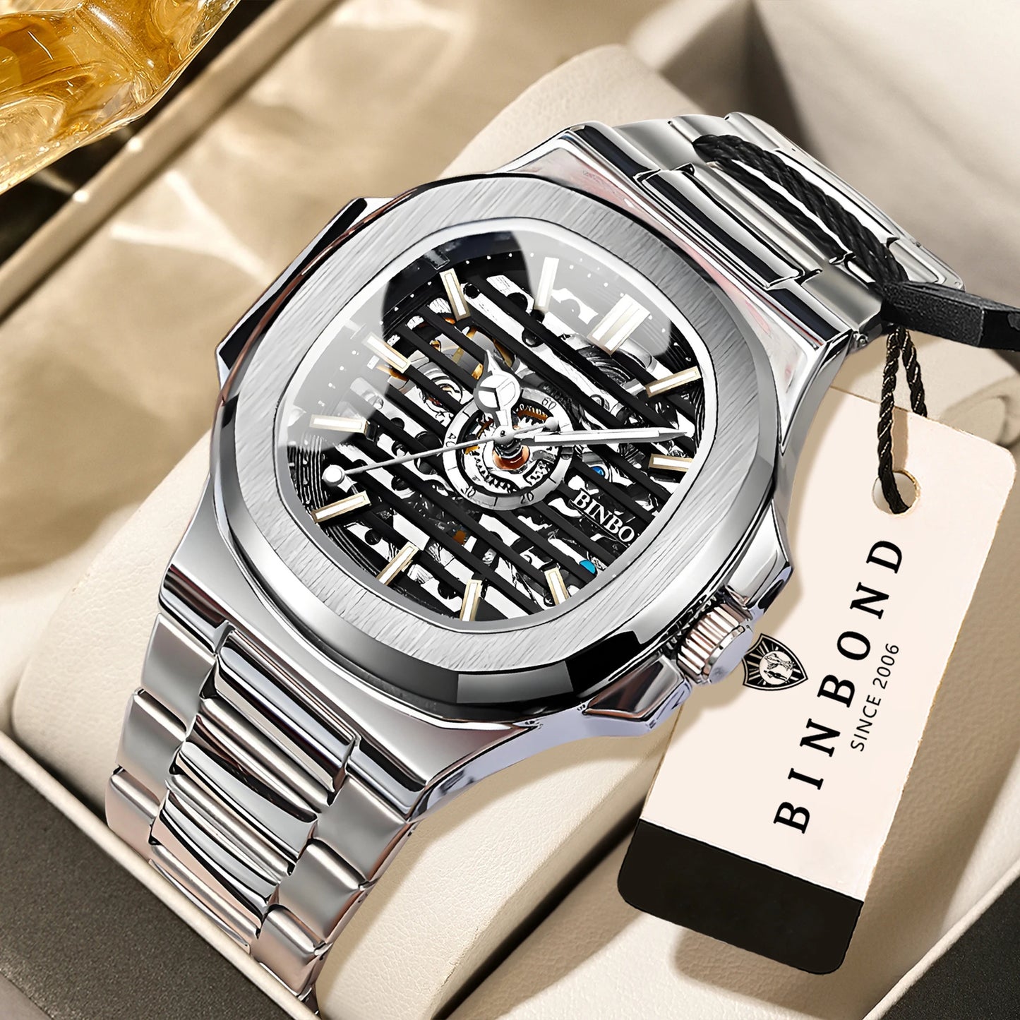 BINBOND  automatic tourbillon precise men's watch mechanical wristwatches for men luxury luminous waterproof skeleton reloj