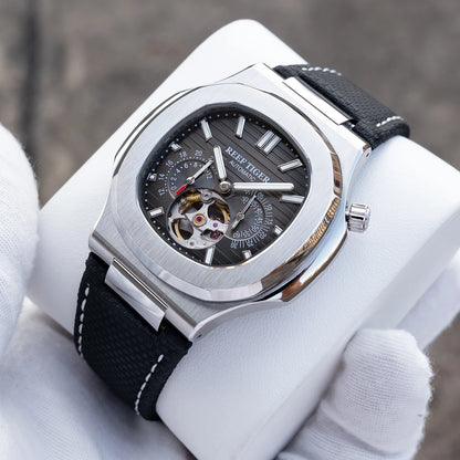 Reef Tiger Men Automatic Watch Luxury 44mm Square Mechanical Wristwatch Sapphire Luminous Skeleton Dial Date 24 Hours