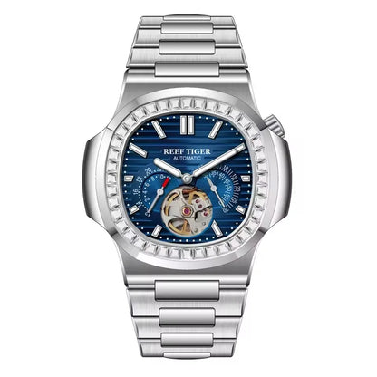 Reef Tiger Men Automatic Watch Luxury 44mm Square Mechanical Wristwatch Sapphire Luminous Skeleton Dial Date 24 Hours