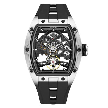 MEGIR Men Wristwatch Fashion Black Waterproof Automatic Mechanical Watch with Luminous Hands Silicone Strap Tonneau Dial 2242