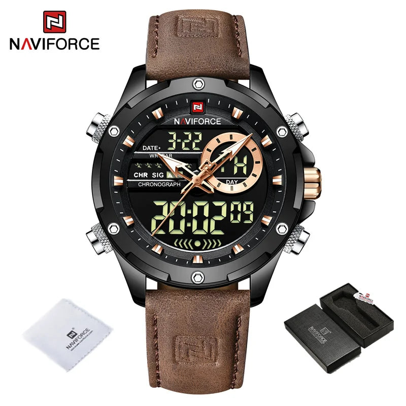 NAVIFORCE Original Men's Dual Time Luxury Sport Watch Casual Chronograph Alarm Quartz Wristwatch Leather Strap Waterproof Clock