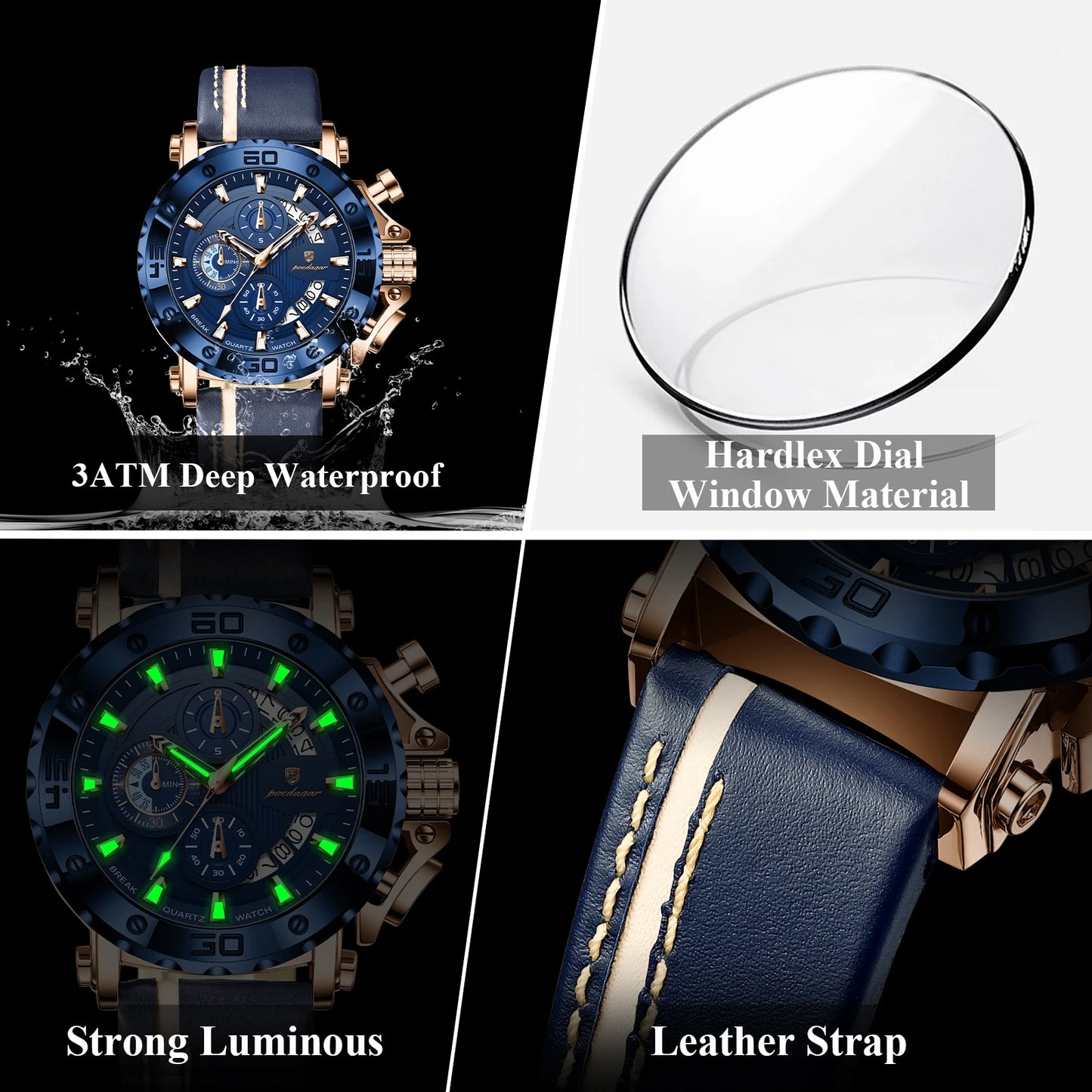 POEDAGAR Original Watches For Man Waterproof Luminous Date Fashion Male Clock Chronograph Leather Quartz Sports Men's Wristwatch