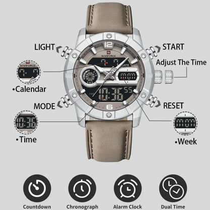 NAVIFORCE NF9263 Waterproof Watch Luminous Display Genuine Leather Strap Multi-Function Chronograph Countdown Timer Alarm NF9263