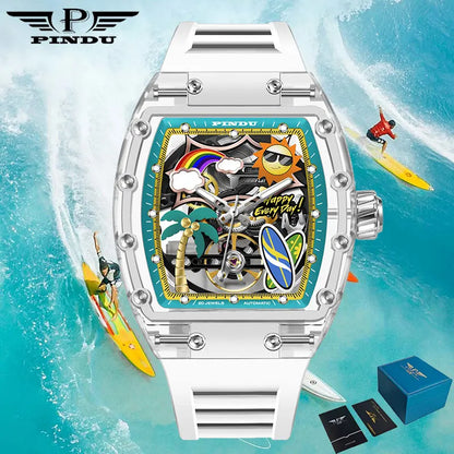 PINDU Watch Unique Dial Design Style Men Mechanical Watch Summer Beach Fashion Watch Glowing Waterproof Resin Automatic Watches